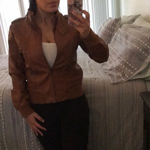 Brown Faux Leather Bomber Jacket